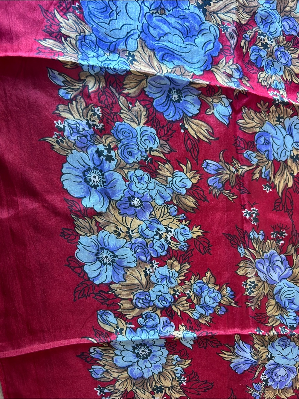 Silk Vintage Red Floral Satin Scarf with Blue Roses - Picture 2 of 2